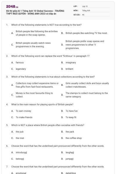 Đề thi giữa kì 1 Tiếng Anh 10 Global Success - TRƯỜNG THPT NGÔ QUYỀN - ĐÔNG ANH 2023 có đáp án