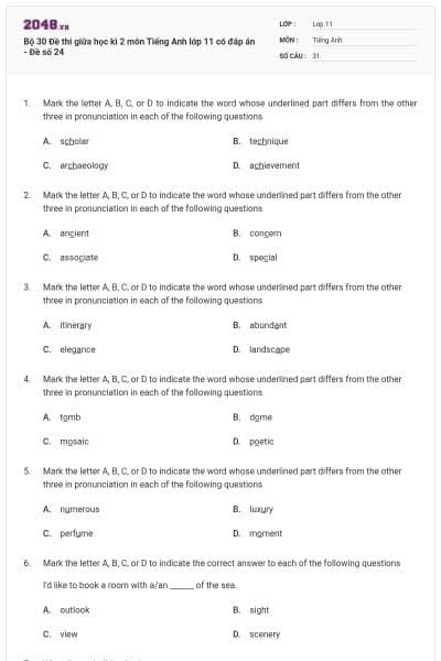 Bộ 30 Đề thi giữa học kì 2 môn Tiếng Anh lớp 11 có đáp án - Đề số 24