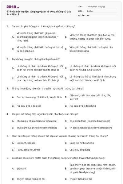 615 câu trắc nghiệm tổng hợp Quan hệ công chúng có đáp án - Phần 9