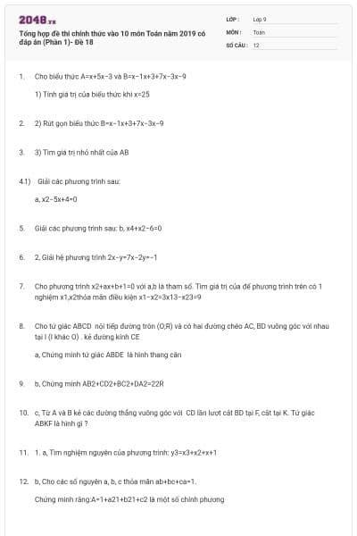 Tổng hợp đề thi chính thức vào 10 môn Toán năm 2019 có đáp án (Phần 1)- Đề 18