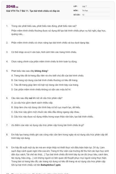 Giải VTH Tin 7 Bài 11. Tạo bài trình chiếu có đáp án