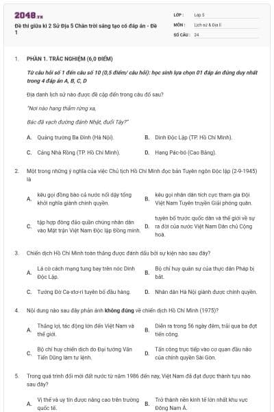 Đề thi giữa kì 2 Sử Địa 5 Chân trời sáng tạo có đáp án - Đề 1