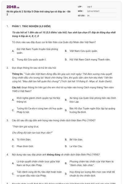 Đề thi giữa kì 2 Sử Địa 5 Chân trời sáng tạo có đáp án - Đề 2