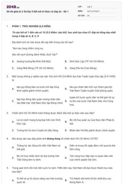 Đề thi giữa kì 2 Sử Địa 5 Kết nối tri thức có đáp án - Đề 1