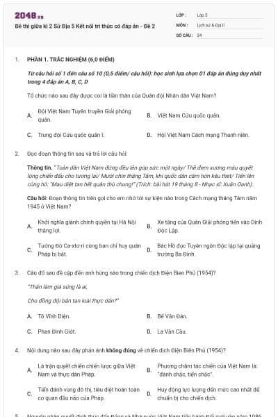 Đề thi giữa kì 2 Sử Địa 5 Kết nối tri thức có đáp án - Đề 2