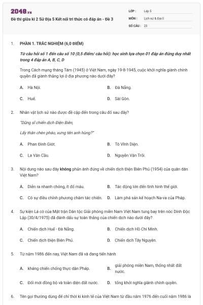 Đề thi giữa kì 2 Sử Địa 5 Kết nối tri thức có đáp án - Đề 3
