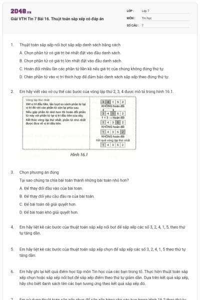 Giải VTH Tin 7 Bài 16. Thuật toán sắp xếp có đáp án