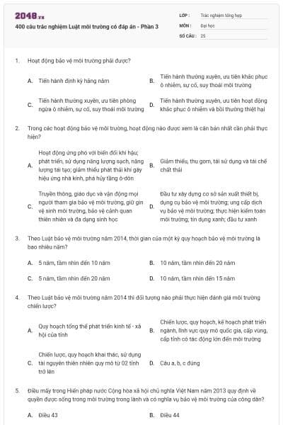 400 câu trắc nghiệm Luật môi trường có đáp án - Phần 3