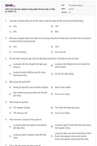 350+ Câu hỏi trắc nghiệm Công nghệ chế tạo máy có đáp án (Phần 12)