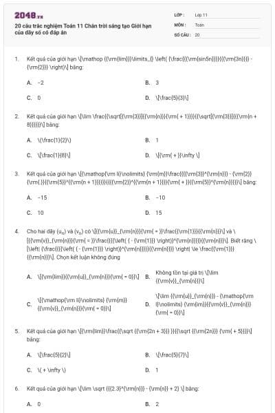 20 câu trắc nghiệm Toán 11 Chân trời sáng tạo Giới hạn của dãy số có đáp án