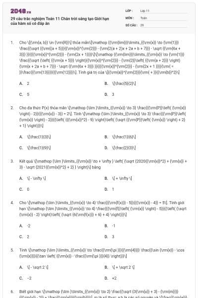 29 câu trắc nghiệm Toán 11 Chân trời sáng tạo Giới hạn của hàm số có đáp án