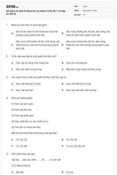 Đề kiểm tra định kì Khoa học tự nhiên 8 Chủ đề 7 có đáp án (Đề 9)