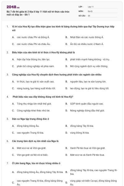 Bộ 7 đề thi giữa kì 2 Địa lí lớp 11 Kết nối tri thức cấu trúc mới có đáp án - Đề 1