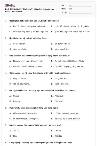 Bộ 7 đề thi giữa kì 2 Địa lí lớp 11 Kết nối tri thức cấu trúc mới có đáp án - Đề 3