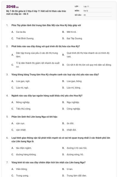 Bộ 7 đề thi giữa kì 2 Địa lí lớp 11 Kết nối tri thức cấu trúc mới có đáp án - Đề 4