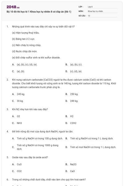 Bộ 10 đề thi học kì 1 Khoa học tự nhiên 8 có đáp án (Đề 1)