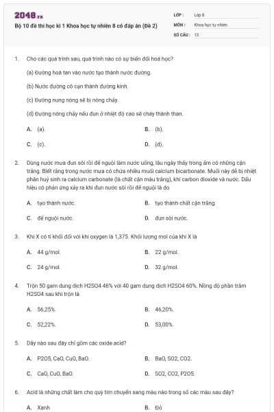 Bộ 10 đề thi học kì 1 Khoa học tự nhiên 8 có đáp án (Đề 2)