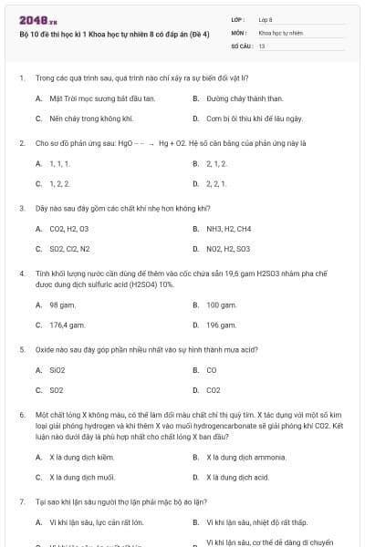 Bộ 10 đề thi học kì 1 Khoa học tự nhiên 8 có đáp án (Đề 4)