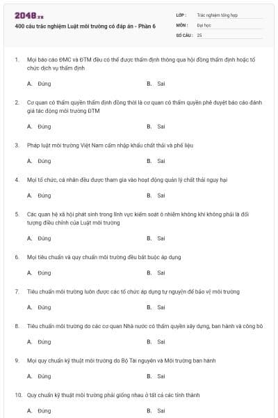 400 câu trắc nghiệm Luật môi trường có đáp án - Phần 6