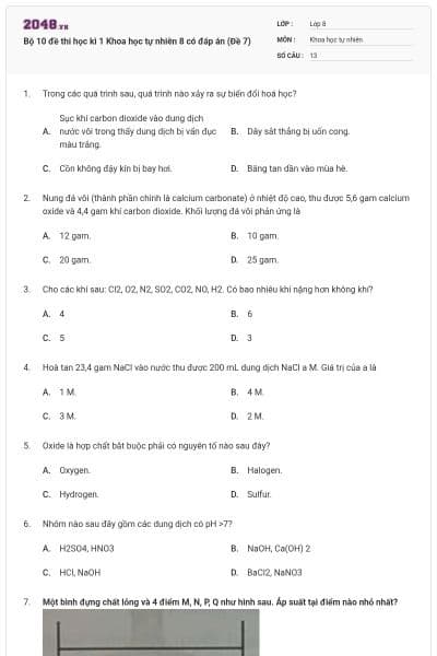 Bộ 10 đề thi học kì 1 Khoa học tự nhiên 8 có đáp án (Đề 7)