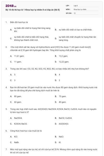 Bộ 10 đề thi học kì 1 Khoa học tự nhiên 8 có đáp án (Đề 8)