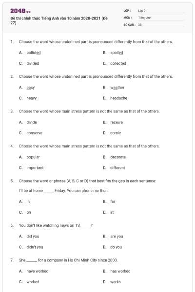 Đề thi chính thức Tiếng Anh vào 10 năm 2020-2021 (Đề 27)
