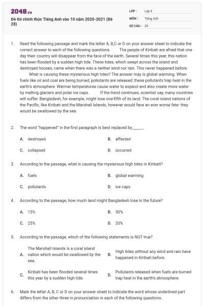 Đề thi chính thức Tiếng Anh vào 10 năm 2020-2021 (Đề 28)