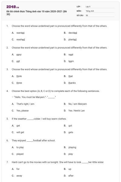 Đề thi chính thức Tiếng Anh vào 10 năm 2020-2021 (Đề 30)