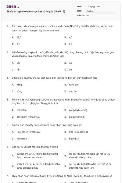 Bộ đề ôn luyện Hóa Học cực hay có lời giải (Đề số 15)