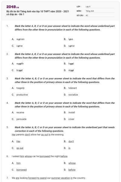 Bộ đề ôn thi Tiếng Anh vào lớp 10 THPT năm 2020 - 2021 có đáp án - Đề 1