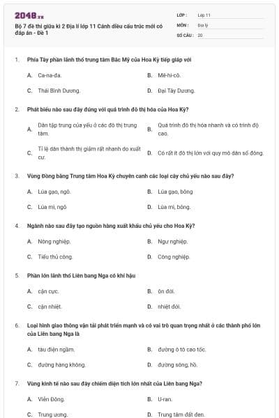 Bộ 7 đề thi giữa kì 2 Địa lí lớp 11 Cánh diều cấu trúc mới có đáp án - Đề 1