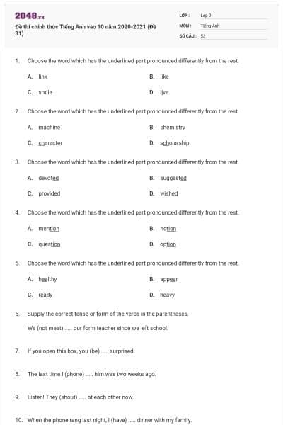 Đề thi chính thức Tiếng Anh vào 10 năm 2020-2021 (Đề 31)