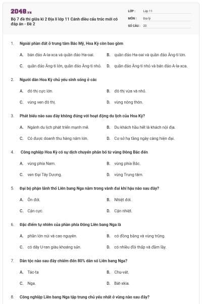 Bộ 7 đề thi giữa kì 2 Địa lí lớp 11 Cánh diều cấu trúc mới có đáp án - Đề 2