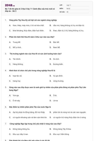 Bộ 7 đề thi giữa kì 2 Địa lí lớp 11 Cánh diều cấu trúc mới có đáp án - Đề 3