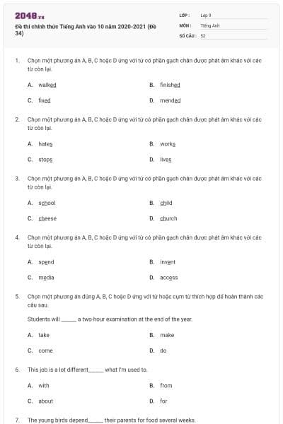 Đề thi chính thức Tiếng Anh vào 10 năm 2020-2021 (Đề 34)