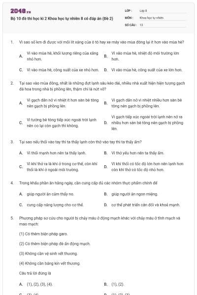 Bộ 10 đề thi học kì 2 Khoa học tự nhiên 8 có đáp án (Đề 2)