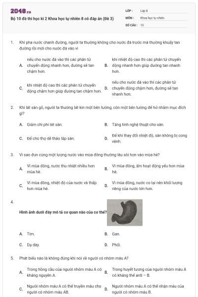 Bộ 10 đề thi học kì 2 Khoa học tự nhiên 8 có đáp án (Đề 3)