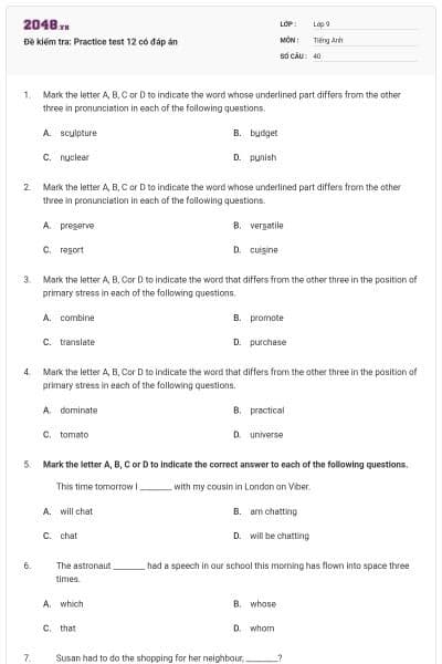 Đề kiểm tra: Practice test 12 có đáp án