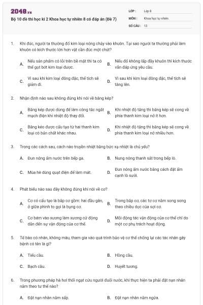 Bộ 10 đề thi học kì 2 Khoa học tự nhiên 8 có đáp án (Đề 7)