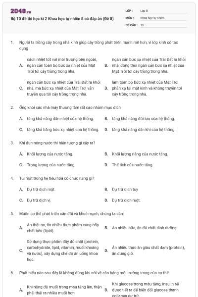 Bộ 10 đề thi học kì 2 Khoa học tự nhiên 8 có đáp án (Đề 8)