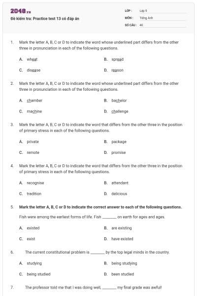 Đề kiểm tra: Practice test 13 có đáp án