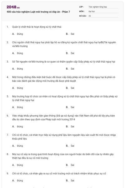 400 câu trắc nghiệm Luật môi trường có đáp án - Phần 7