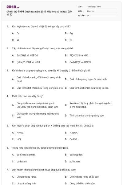 Đề thi thử THPT Quốc gia năm 2019 Hóa học có lời giải (Đề số 9)