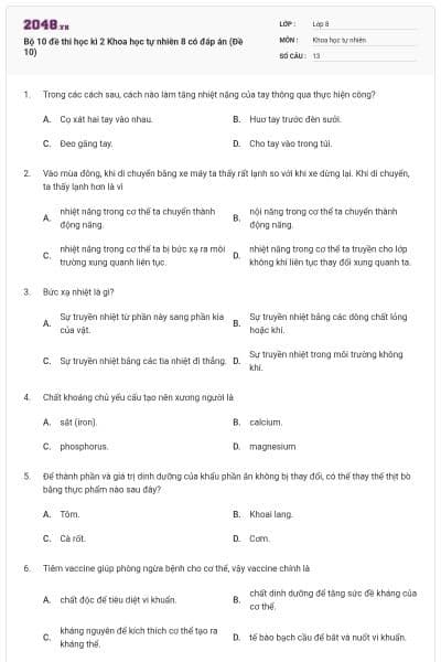 Bộ 10 đề thi học kì 2 Khoa học tự nhiên 8 có đáp án (Đề 10)
