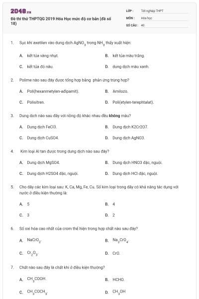 Đề thi thử THPTQG 2019 Hóa Học mức độ cơ bản (đề số 18)
