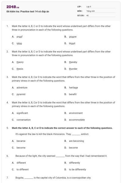 Đề kiểm tra: Practice test 14 có đáp án