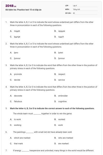 Đề kiểm tra: Practice test 15 có đáp án