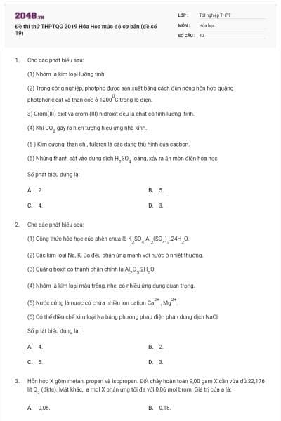 Đề thi thử THPTQG 2019 Hóa Học mức độ cơ bản (đề số 19)