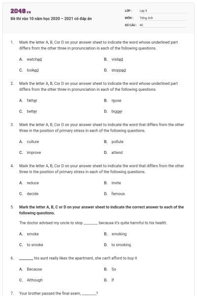 Đề thi vào 10 năm học 2020 – 2021 có đáp án