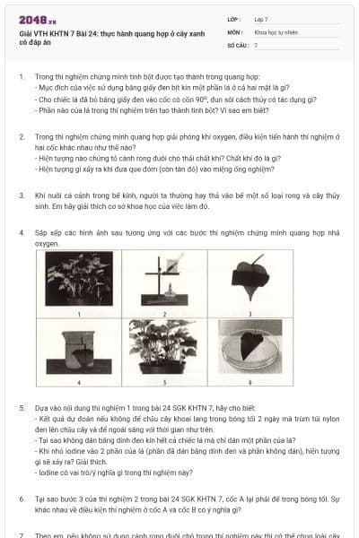 Giải VTH KHTN 7 Bài 24: thực hành quang hợp ở cây xanh có đáp án